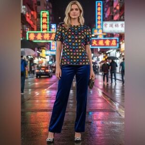 Women's Leslie Fay Vintage Multicolor Geometric Blouse 100% Silk Shell Size L